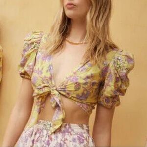 NWT HEMANT & NANDITA dhea Floral canary Yellow puff sleeve crop wrap top size XL